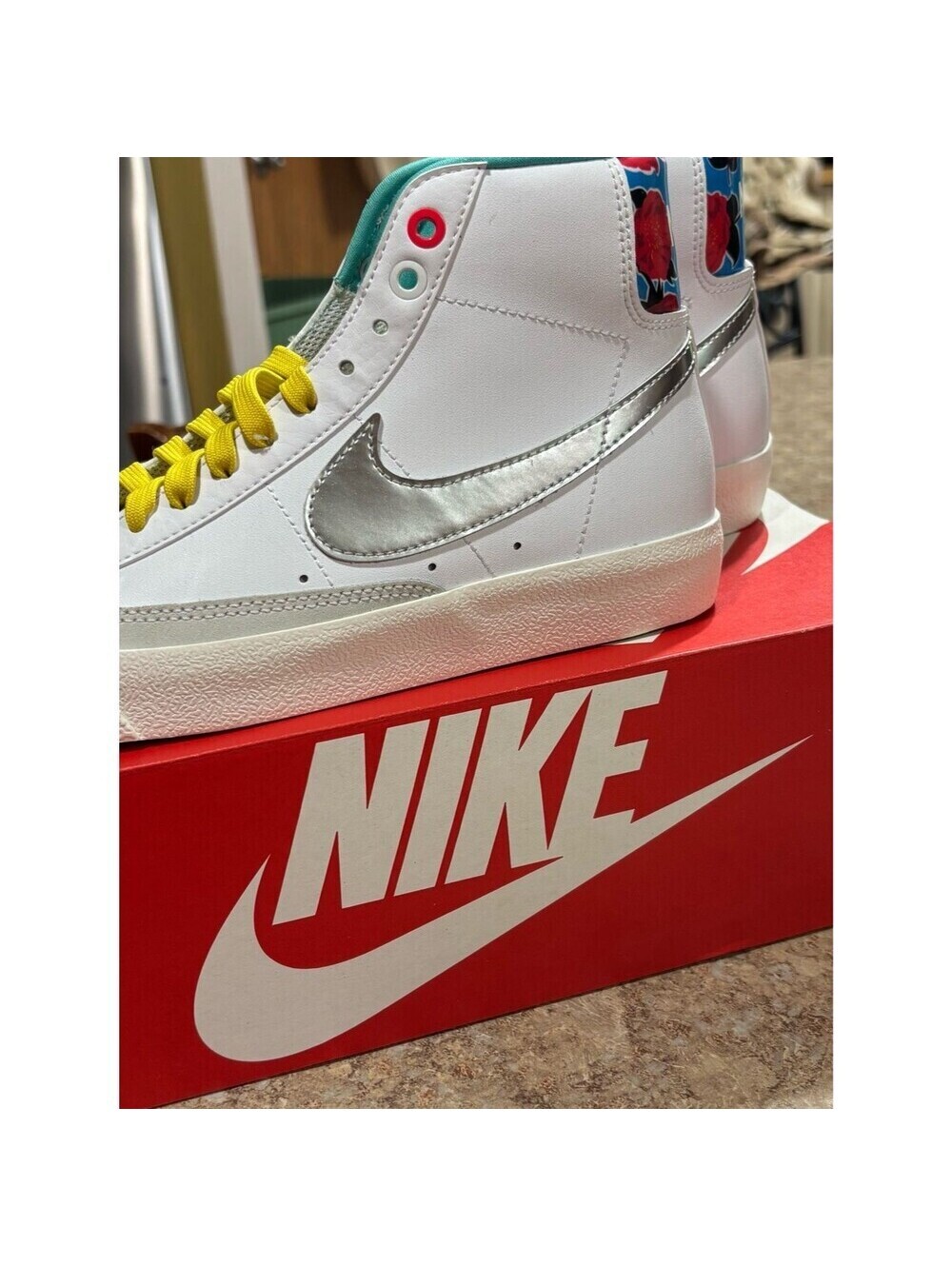 Nike White High-Top Sneakers with Silver Swoosh & Yellow Laces